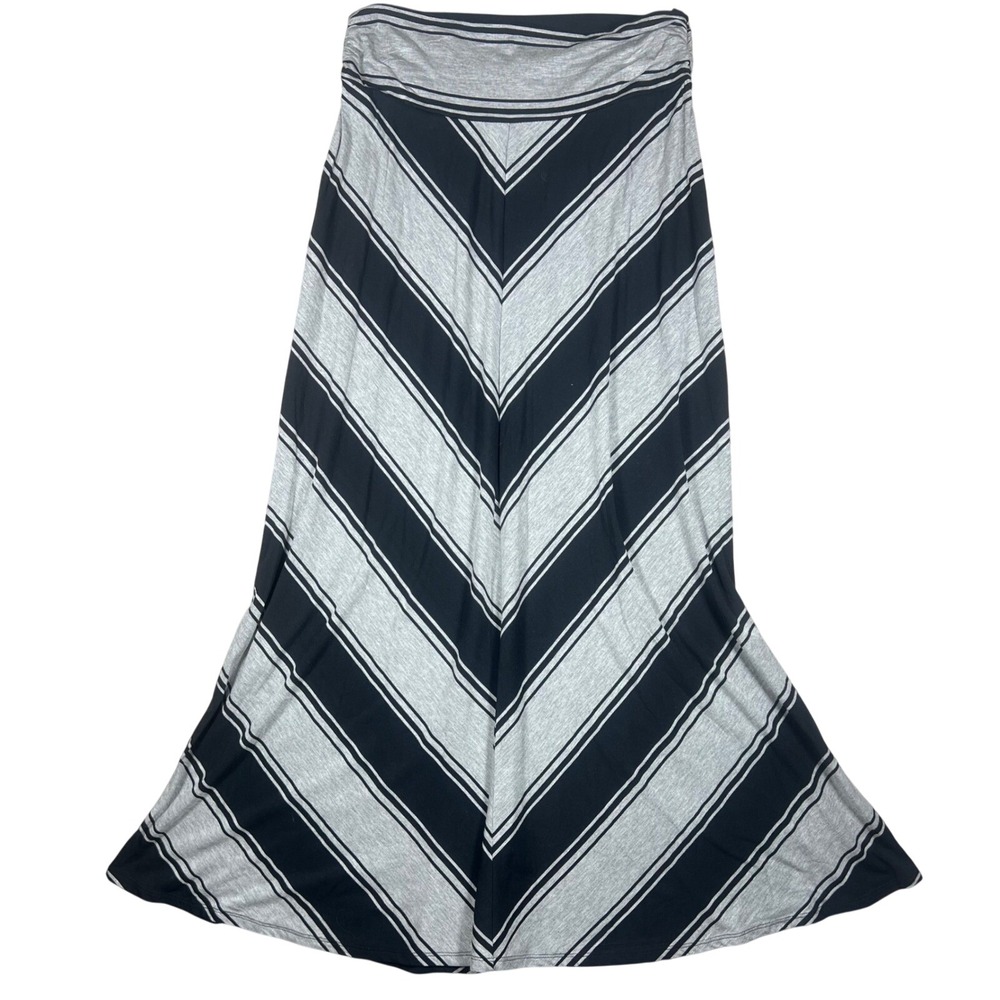 Merona Women's Maxi Skirt Size L Gray Black Striped Chevron Knit‎ Stretch BOHO